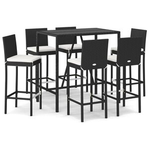 vidaXL Ensemble de bar de jardin 7 Pièces avec coussins noir poly rotin
