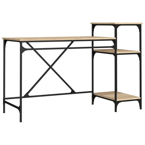 Bureau table poste de travail meuble d'ordinateur informatique étude et étagères chêne sonoma 135 x 50 x 90cm bois ingénierie/fer brun 02_0023818