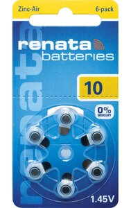 Blister de 6 Pile auditive ZA10 Zinc Air 0% Mercury 1,45V RENATA