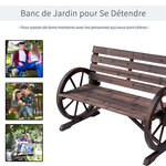 Banc de jardin 3 places style rustique chic accoudoirs roues charette bois sapin traité carbonisation