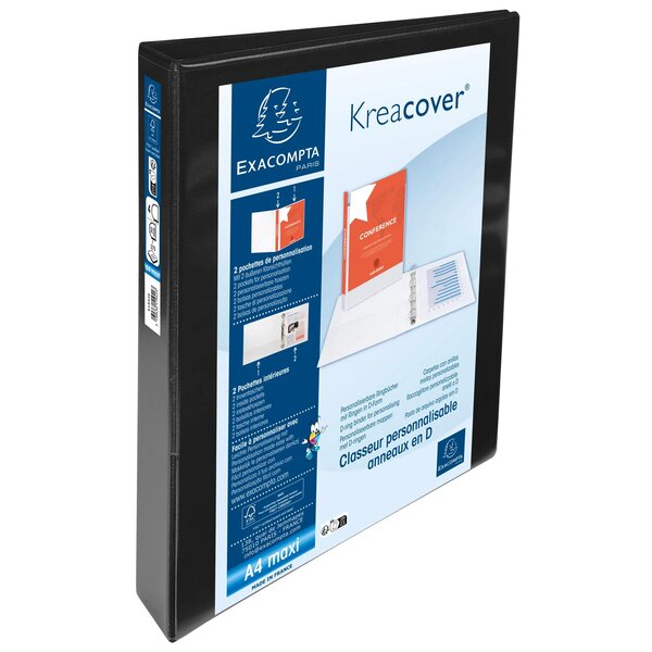 Classeur Personnalisable Rigide 2 Poches Kreacover - 4 Anneaux En D 30mm - A4 Maxi - Noir - Exacompta