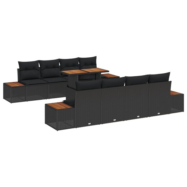 vidaXL Ensemble de jardin 9 pièces avec des coussins en poly rattan noir et en bois d'acacia