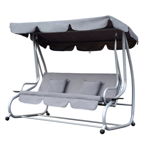 Balancelle de jardin 3 places convertible toit inclinaison réglable 2 tablettes support 2L x 1 2l x 1 64H m métal époxy noir polyester gris
