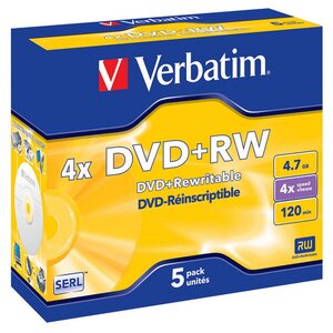 DVD+RW vierge, réinscriptible, 4,7 Go / 120 min, vitesse 4 X (paquet 5 unités)