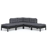 vidaXL Salon de jardin 5 Pièces avec coussins Noir Bois de pin