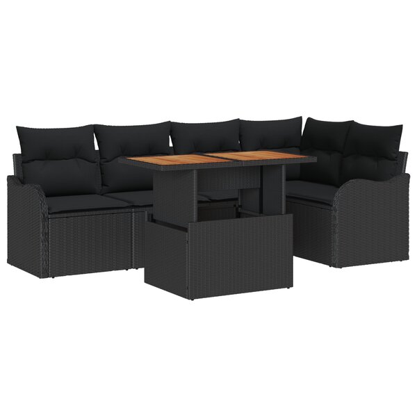 Ensemble de canapé de jardin de 6 pièces avec coussins en rotin poly noir et acacia