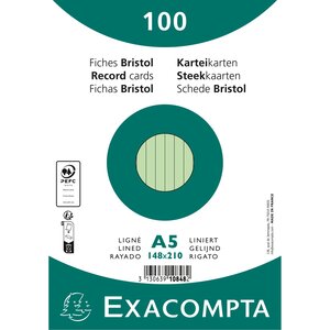 Paquet 100 Fiches Sous Film - Bristol Ligné Non Perforé 148x210mm - Vert - X 10 - Exacompta