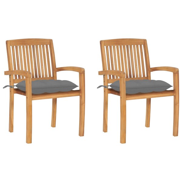 vidaXL Chaises de jardin lot de 2 et coussins gris Bois de teck massif