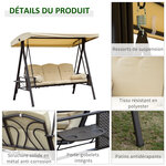 Balancelle de jardin 3 places grand confort toit inclinaison réglable coussins plateaux rétractables polyester filé beige