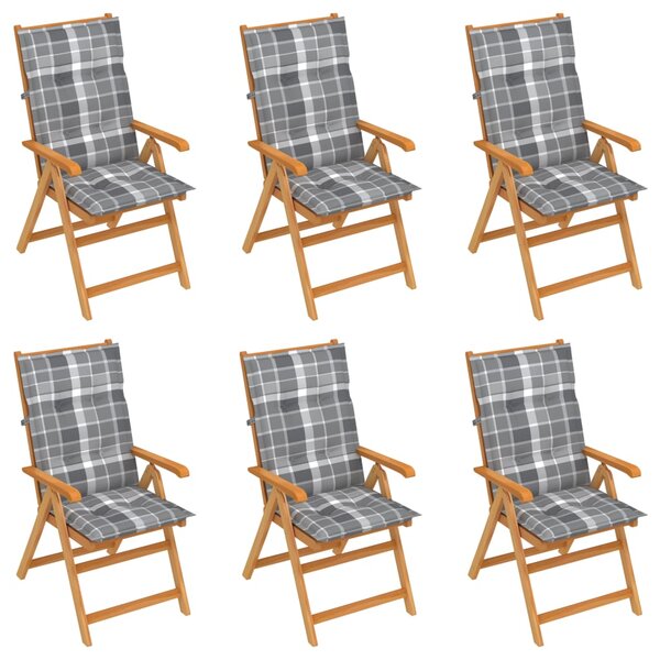 vidaXL Chaises de jardin 6 Pièces avec coussins à carreaux gris Teck