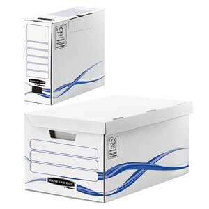 Pack archivage carton : lot de 1 caisse archives maxi + 6 boîtes dos 8 cm, pour format A4 (210 x 297 mm), H. 23 cm x l. 52 cm x P. 35 cm - Blanc / Bleu - Montage automatique