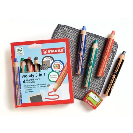 Etui carton x 4 crayons multi-talents stabilo woody 3in1 pour ardoises et  tableaux blanc + 1 taille crayon + 1 chiffonnette - noir + - La Poste