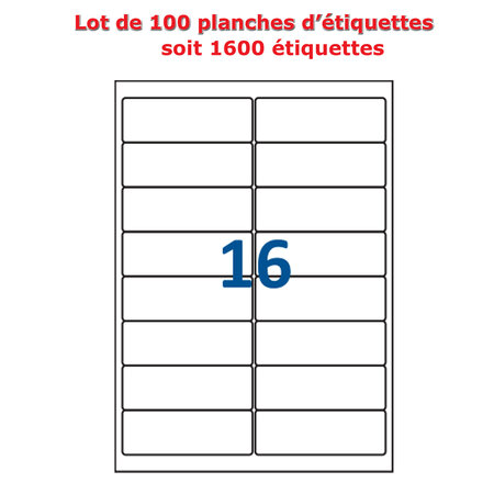 Lot de 100 Planches étiquettes autocollantes blanches sur feuille A4 : 99 x 33 9 mm (16 étiquettes par feuille  spéciales bons de transport)