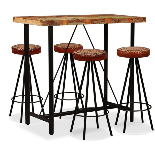 vidaXL Ensemble de bar 5 Pièces Bois de récupération Cuir véritable et toile