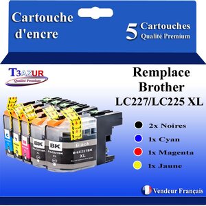 T3AZUR- Lot de 5 Cartouches compatibles avec Brother LC225XL   LC227 XL pour Brother DCP-J4120DW  MFC-J4420DW