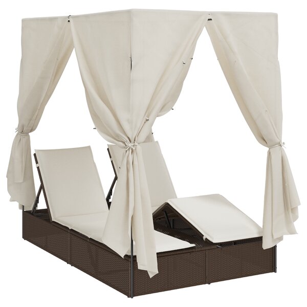 vidaXL Chaiselongue double avec toit et rideaux Réglable Marron