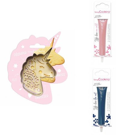 Kit pour biscuit en relief Licorne + 2 Stylos au chocolat rose pastel et bleu nuit