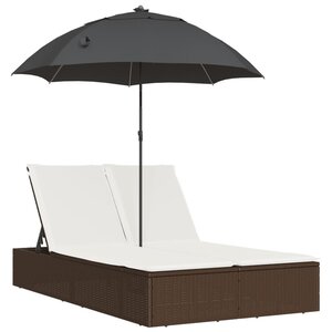 vidaXL Chaise longue double avec coussins et parasol marron poly rotin
