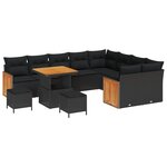 Set de Canapé de Jardin 12 Pièces avec Coussins Noir Poly Rattan Acacia