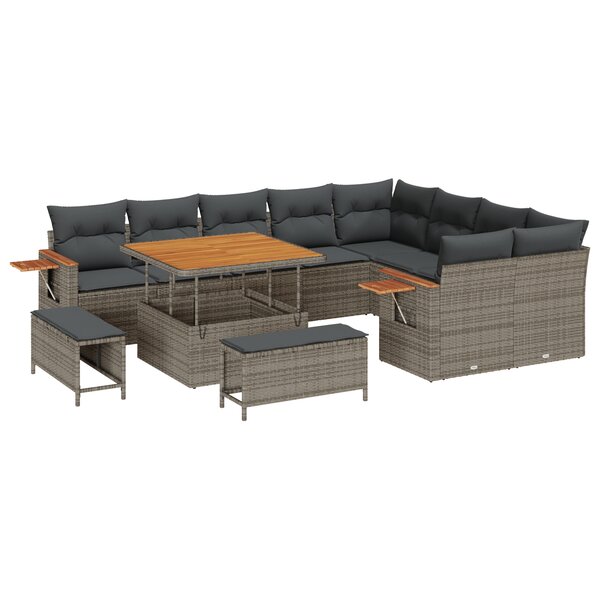 Ensemble de canapé de jardin de 12 pièces avec coussins gris en poly rotin acacia