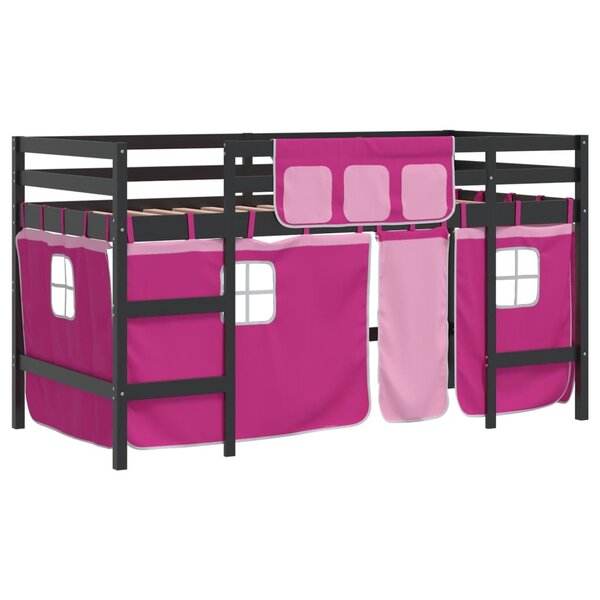 vidaXL Lit mezzanine enfants et rideaux rose 90x200cm bois pin massif