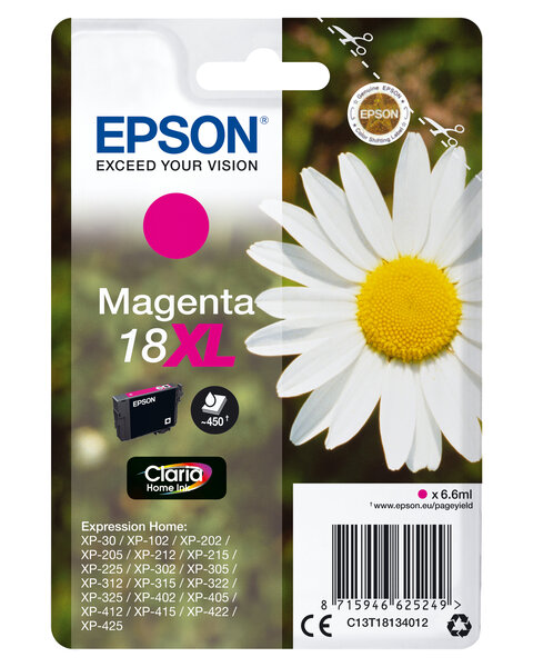 Epson 1-pack magenta 18xl claria home in 18xl cartouche encre magenta haute capacite 6.6ml 450 pages 1-pack rf-am blister