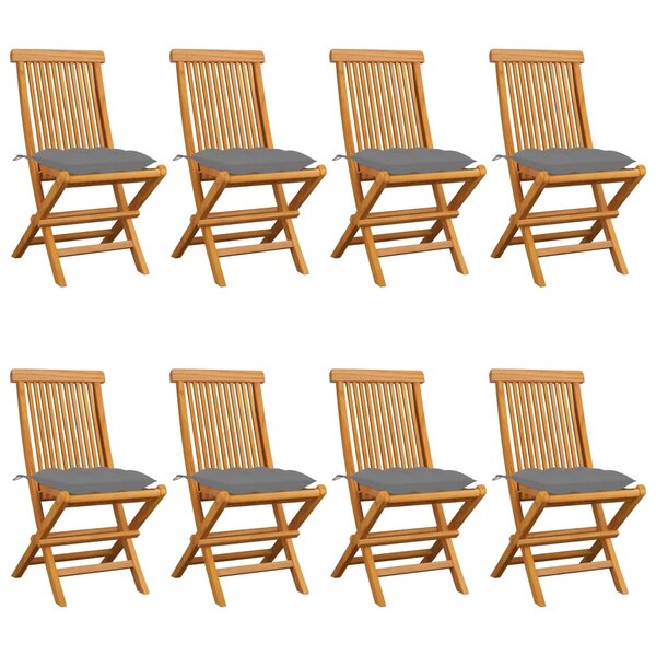 vidaXL Chaises de jardin et coussins gris lot de 8 Bois de teck massif