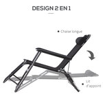 Chaise longue inclinable transat bain de soleil 2 en 1 pliant têtière amovible charge max. 136 Kg toile oxford facile d'entretien noir