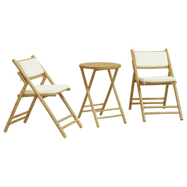 vidaXL Ensemble de bistro pliante 3 Pièces et coussins blanc crème bambou