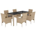 vidaXL Ensemble à manger de jardin et coussins 7 Pièces beige rotin verre