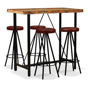 vidaXL Ensemble de bar 5 Pièces Bois massif recyclé et cuir véritable
