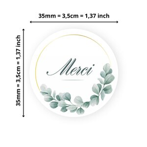 140 Etiquettes Merci Rondes Autocollantes - Ø 35 mm - Papier Recyclé - Eucalyptus - 4 Planches A4 de Stickers Remerciements pour Mariage  Artisanat et Fêtes