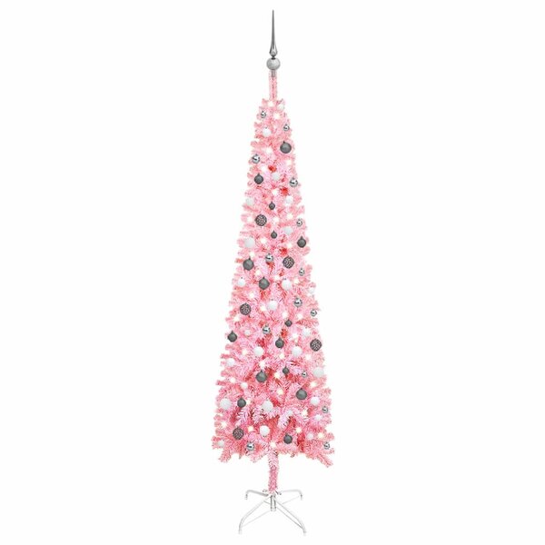 Vidaxl arbre de noël mince avec led et boules rose 240 cm