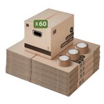 Pack and Move - Lot 60 cartons déménagement stockage livres - 40 x 30 x 30 cm - Poignées renforcées - 3 adhésifs offerts