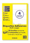 20 planches a4 - 4 étiquettes 210 mm x 74,25 mm autocollantes blanche par planche pour tous types imprimantes - jet d'encre/laser/photocopieuse