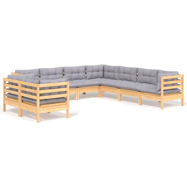 vidaXL Salon de jardin 9 Pièces avec coussins gris bois de pin massif