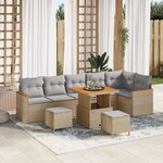 Canapé de jardin 9 pièces avec coussins beige poly rattan acacia