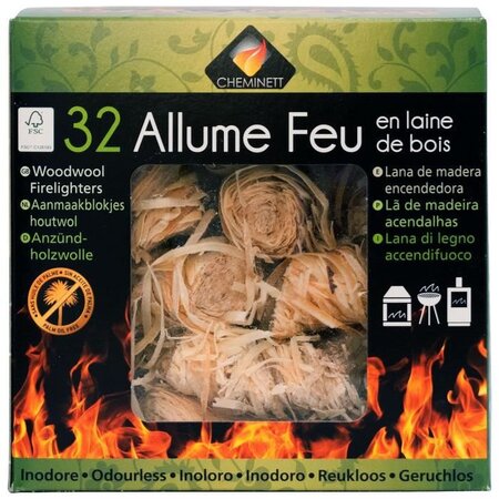 CHEMINETT Allume feu - Laine de bois 100% d'origine végétale FSC - Lot de 32