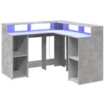 Bureau table poste de travail meuble d'ordinateur informatique étude et lumières LED 130 x 130 x 91cm bois ingénierie gris 02_0023798