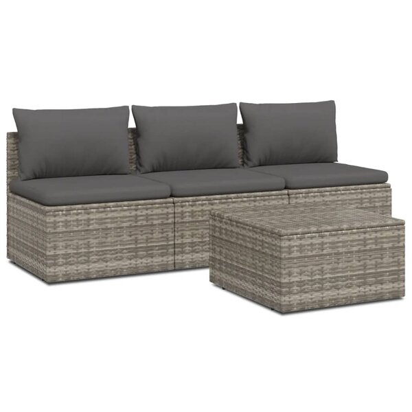 vidaXL Salon de jardin 4 Pièces avec coussins Gris Résine tressée