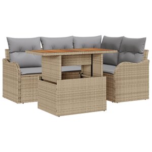 vidaXL Ensemble de Canapé de Jardin 5 Pièces avec Coussins Beige Poly Rattan Acacia