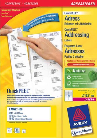 Avery étiquettes adresse quickpeel, 99,57,0 mm, blanc avery zweckform