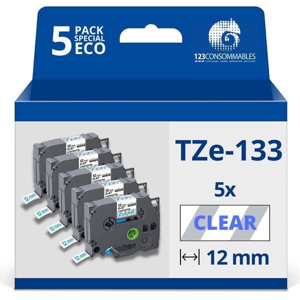 Pack de 5 Rubans adhésifs compatible avec Brother TZe133 - Texte bleu sur fond transparent - Largeur 12 mm x 8 mètres