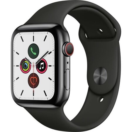 Apple Watch Series 5 Cellular 44 mm Boîtier en Acier Inoxydable Gris Sidéral avec Bracelet Sport Noir - M/L