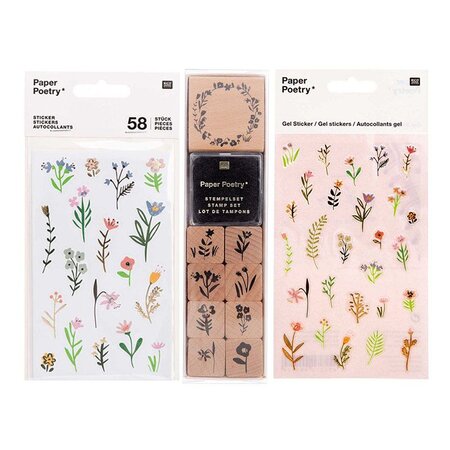 2 planches de stickers gel + 9 tampons bois avec encreur Fleurs