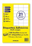 100 planches a4 - 21 étiquettes 70 mm x 42,3 mm autocollantes blanche par planche pour tous types imprimantes - jet d'encre/laser/photocopieuse
