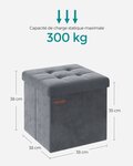 Banc de rangement boîte pliable en velours repose-pieds avec couvercle 31 x 41 x 31 cm capacité de charge 130 kg pour couloir salon gris 12_0004140