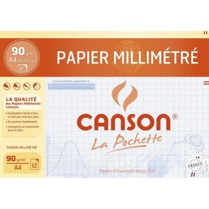 CANSON Pochette papier millimétré 12 feuilles A4 - 90 g - Bleu