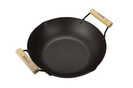 Wok avec double poignée en bois - 36 cm - En acier carbone - Compatible toutes plaques de cuisson