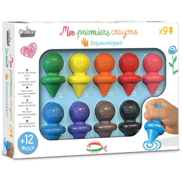 Crayons de couleur - Ergonomiques - Dès 12 mois - 9 couleurs - Coloriage